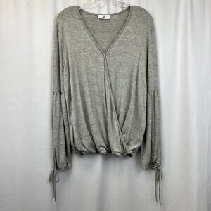 AJ My Amelia James Womens Gray V-Neck Long Sleeve Wrap Blouse Top Size Medium